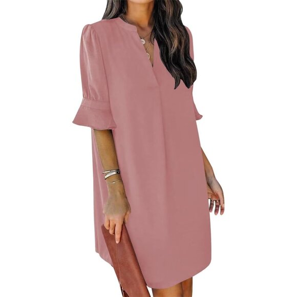 Dresses & Skirts - Women Dusty Pink Polyester V-Neck Loose Fit Short Sleeve Knee Length Shift Dress